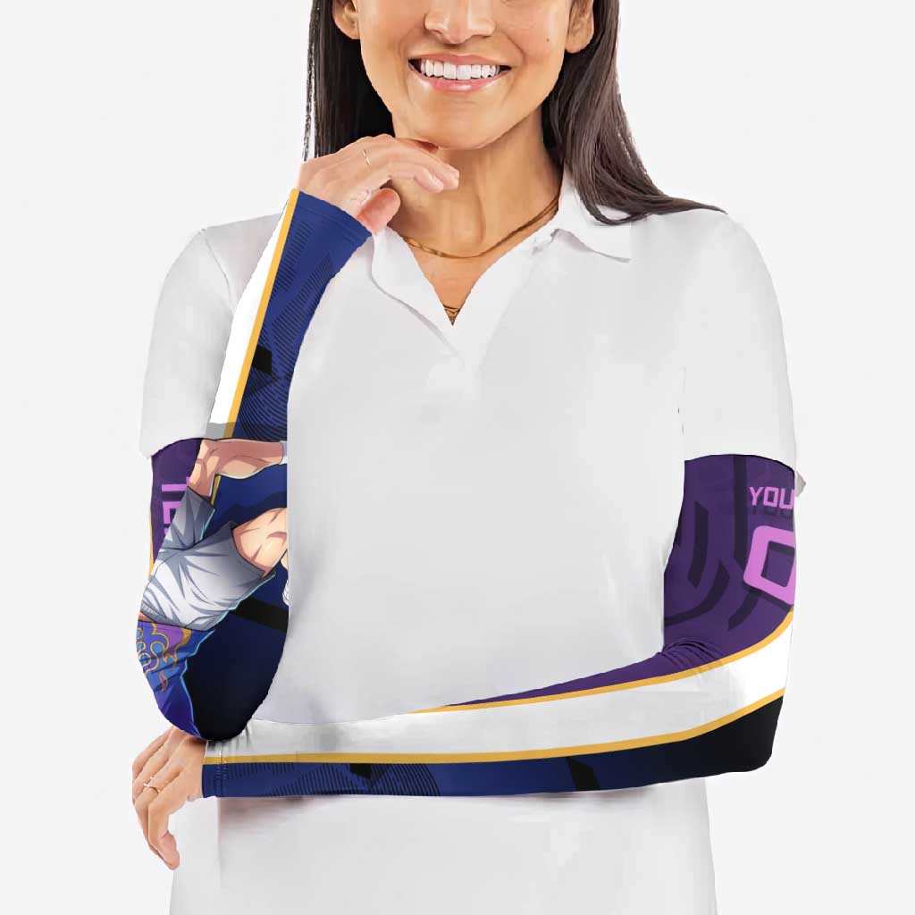 Personalized Tengen Uzui Demon Slayer Badminton Arm Sleeves with Racket Action Pose and Purple Black Graphic Design - The Mazicc