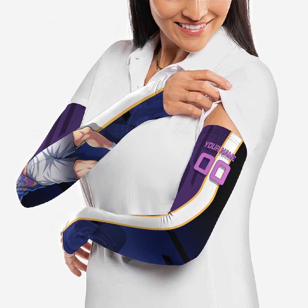 Personalized Tengen Uzui Demon Slayer Badminton Arm Sleeves with Racket Action Pose and Purple Black Graphic Design - The Mazicc