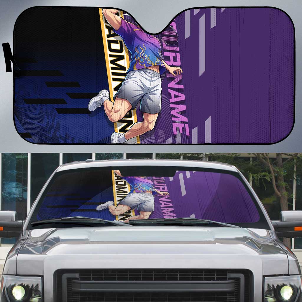 Personalized Tengen Uzui Demon Slayer Badminton Auto Sun Shade with Racket Action Pose and Purple Black Graphic Design - The Mazicc