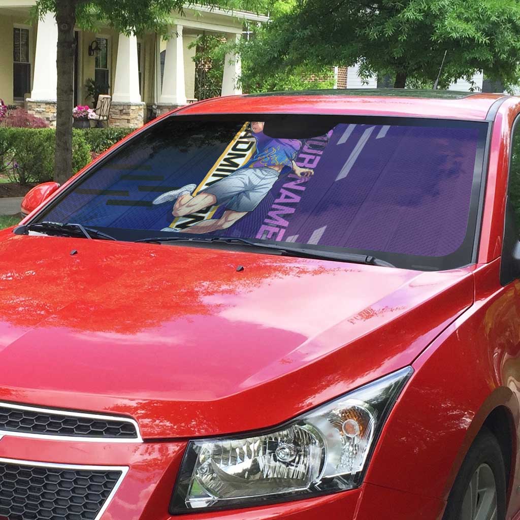 Personalized Tengen Uzui Demon Slayer Badminton Auto Sun Shade with Racket Action Pose and Purple Black Graphic Design - The Mazicc