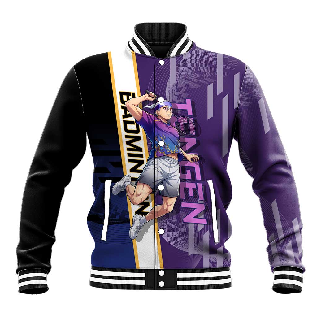 Personalized Tengen Uzui Demon Slayer Badminton Baseball Jacket with Racket Action Pose and Purple Black Graphic Design - The Mazicc