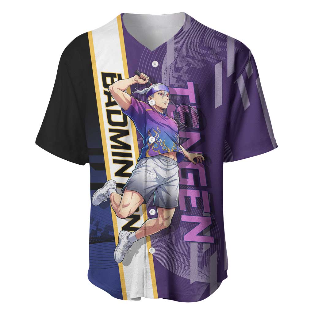 Personalized Tengen Uzui Demon Slayer Badminton Baseball Jersey with Racket Action Pose and Purple Black Graphic Design - The Mazicc