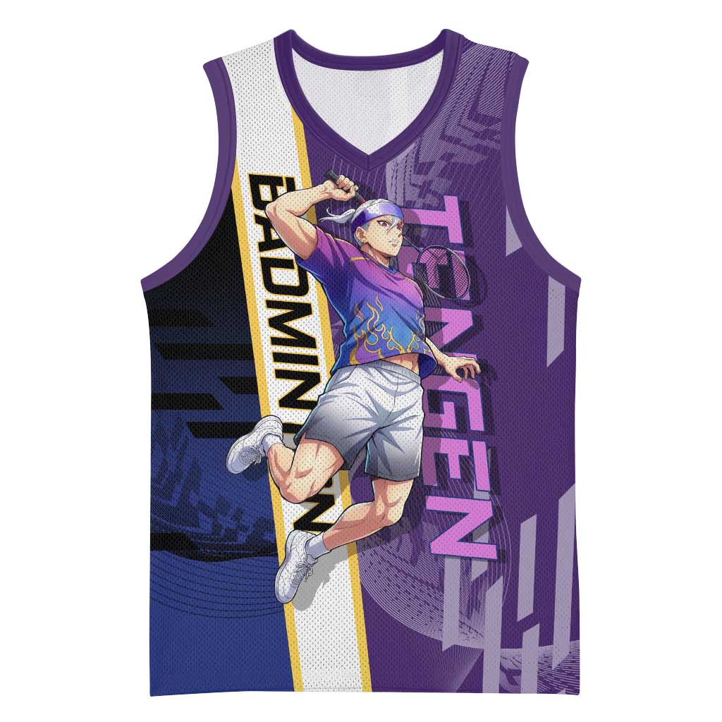 Personalized Tengen Uzui Demon Slayer Badminton Basketball Jersey with Racket Action Pose and Purple Black Graphic Design - The Mazicc