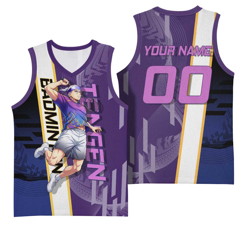 Personalized Tengen Uzui Demon Slayer Badminton Basketball Jersey with Racket Action Pose and Purple Black Graphic Design - The Mazicc