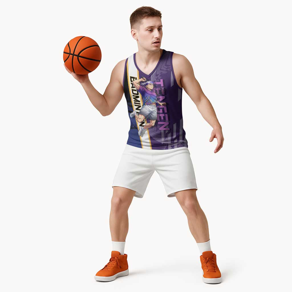 Personalized Tengen Uzui Demon Slayer Badminton Basketball Jersey with Racket Action Pose and Purple Black Graphic Design - The Mazicc