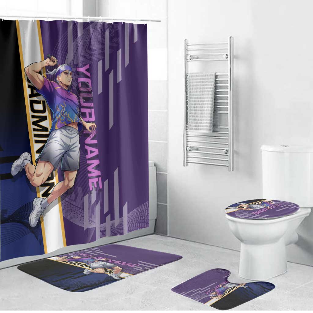 Personalized Tengen Uzui Demon Slayer Badminton Bathroom Set with Racket Action Pose and Purple Black Graphic Design - The Mazicc