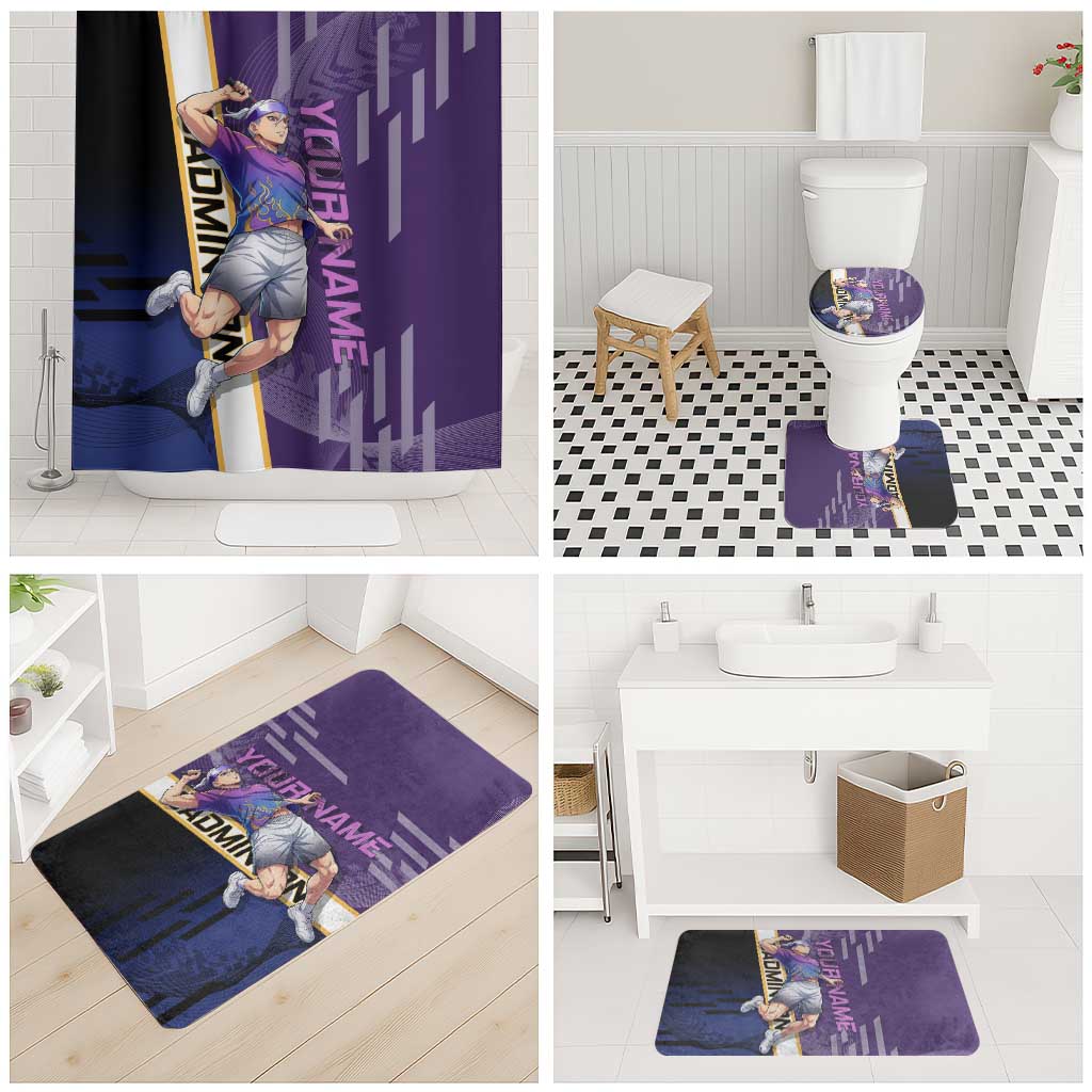 Personalized Tengen Uzui Demon Slayer Badminton Bathroom Set with Racket Action Pose and Purple Black Graphic Design - The Mazicc