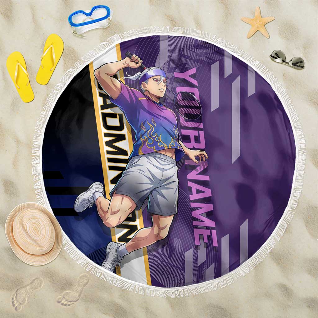 Personalized Tengen Uzui Demon Slayer Badminton Beach Blanket with Racket Action Pose and Purple Black Graphic Design - The Mazicc