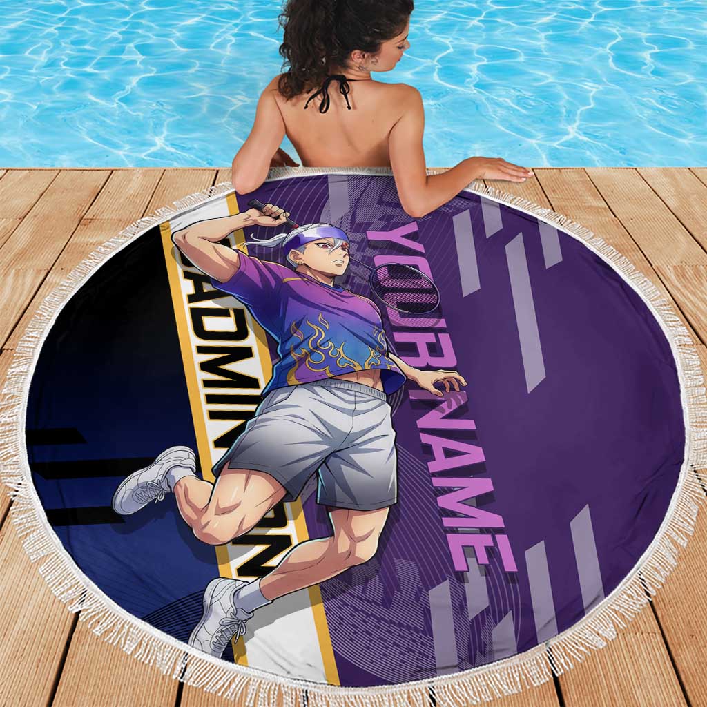 Personalized Tengen Uzui Demon Slayer Badminton Beach Blanket with Racket Action Pose and Purple Black Graphic Design - The Mazicc