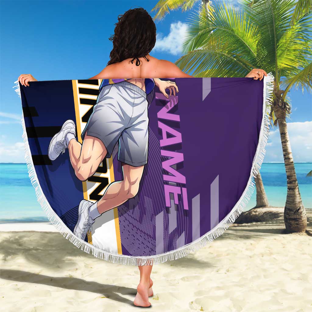 Personalized Tengen Uzui Demon Slayer Badminton Beach Blanket with Racket Action Pose and Purple Black Graphic Design - The Mazicc