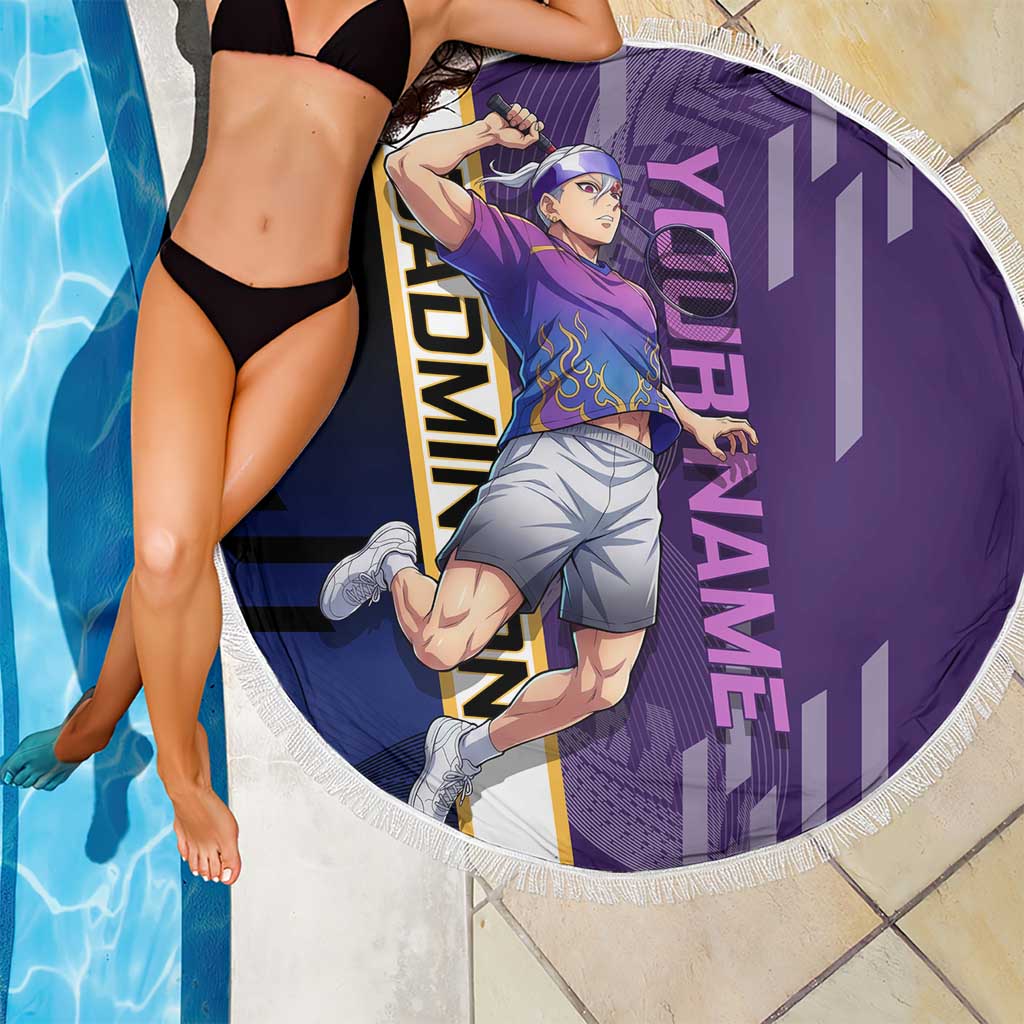 Personalized Tengen Uzui Demon Slayer Badminton Beach Blanket with Racket Action Pose and Purple Black Graphic Design - The Mazicc