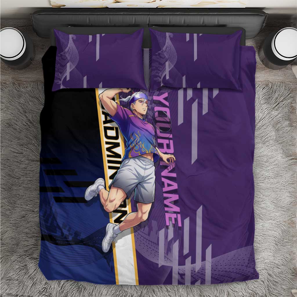 Personalized Tengen Uzui Demon Slayer Badminton Bedding Set with Racket Action Pose and Purple Black Graphic Design - The Mazicc