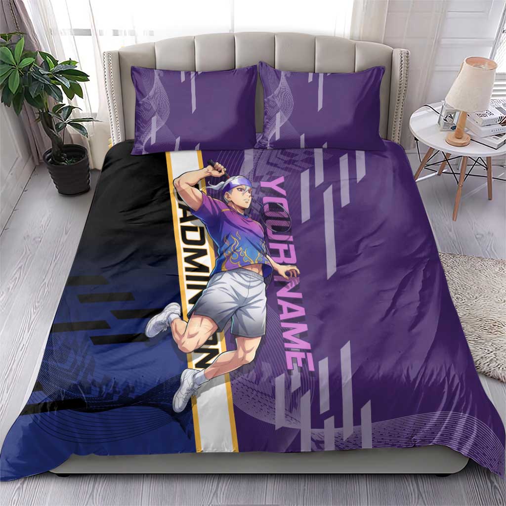 Personalized Tengen Uzui Demon Slayer Badminton Bedding Set with Racket Action Pose and Purple Black Graphic Design - The Mazicc