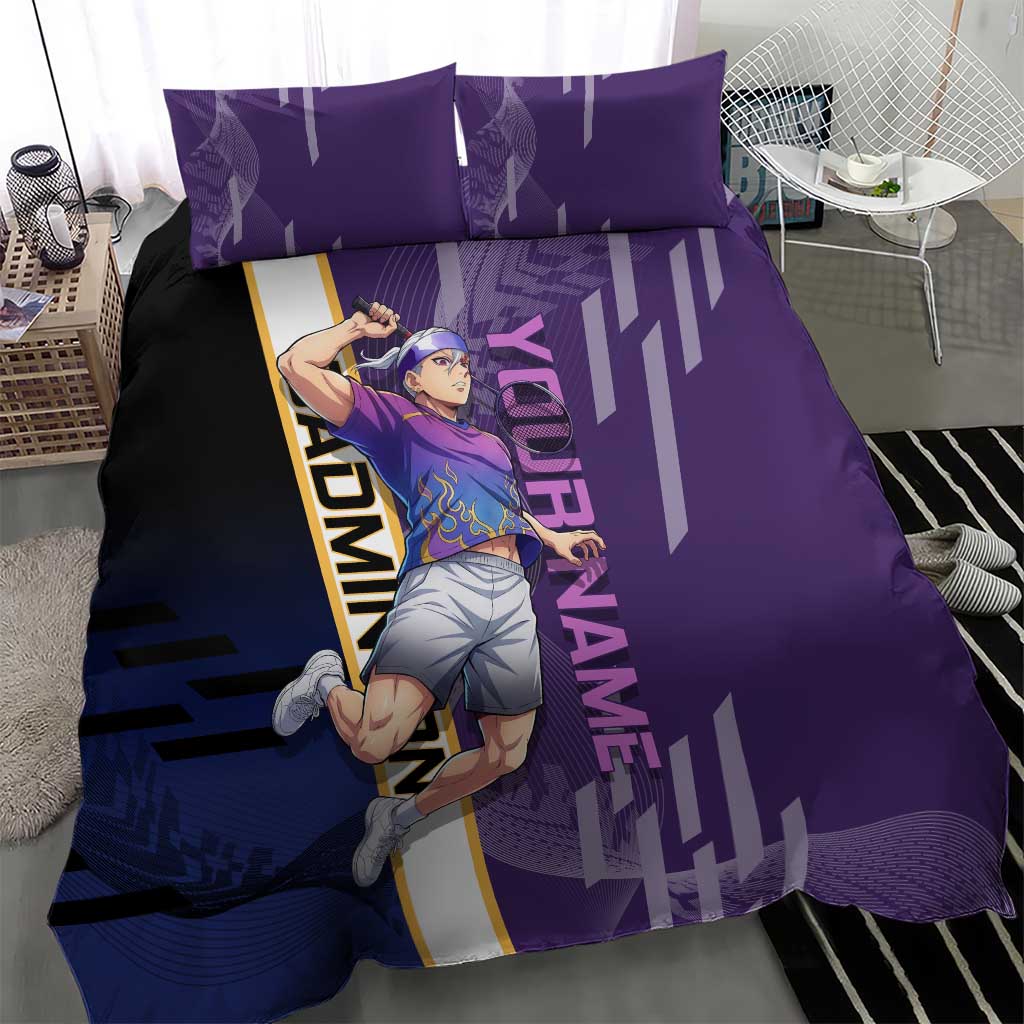 Personalized Tengen Uzui Demon Slayer Badminton Bedding Set with Racket Action Pose and Purple Black Graphic Design - The Mazicc