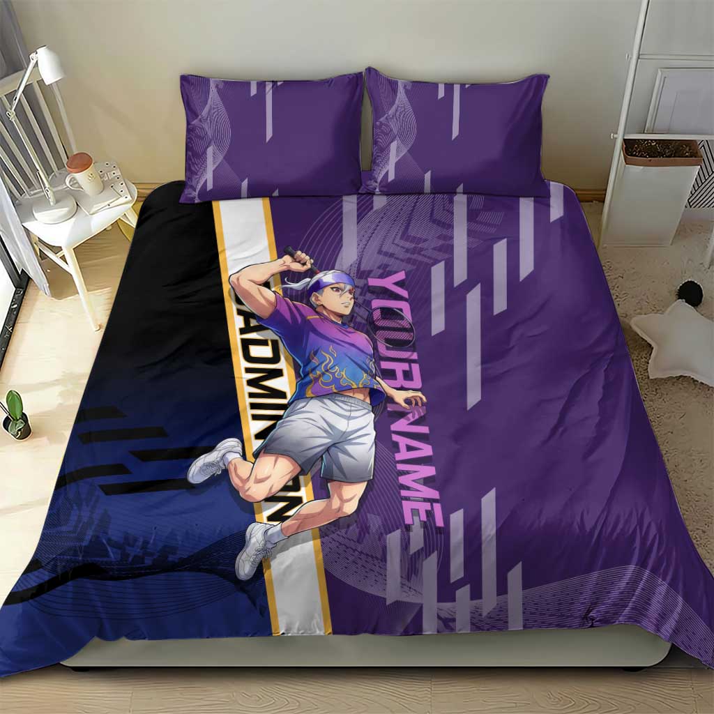 Personalized Tengen Uzui Demon Slayer Badminton Bedding Set with Racket Action Pose and Purple Black Graphic Design - The Mazicc
