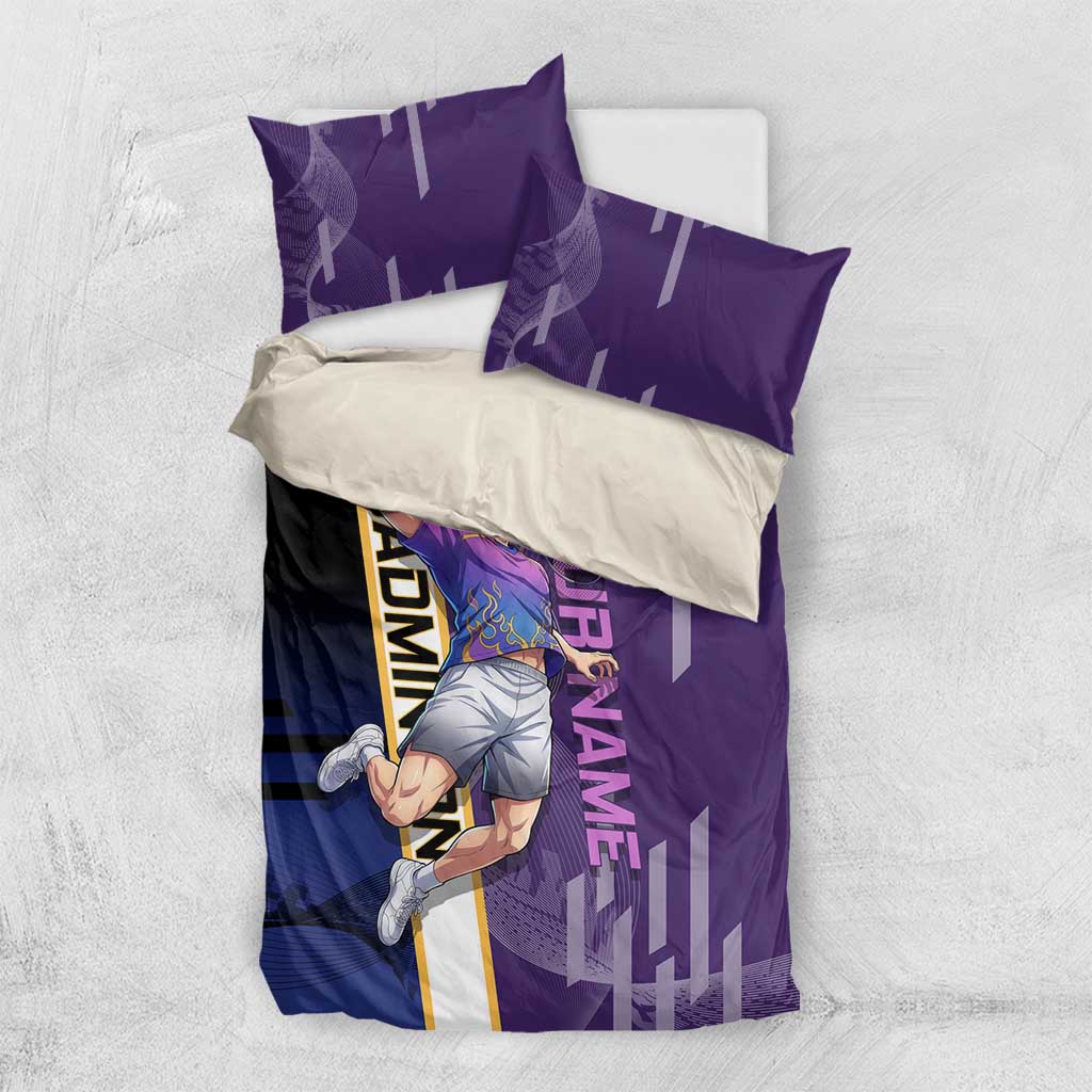 Personalized Tengen Uzui Demon Slayer Badminton Bedding Set with Racket Action Pose and Purple Black Graphic Design - The Mazicc