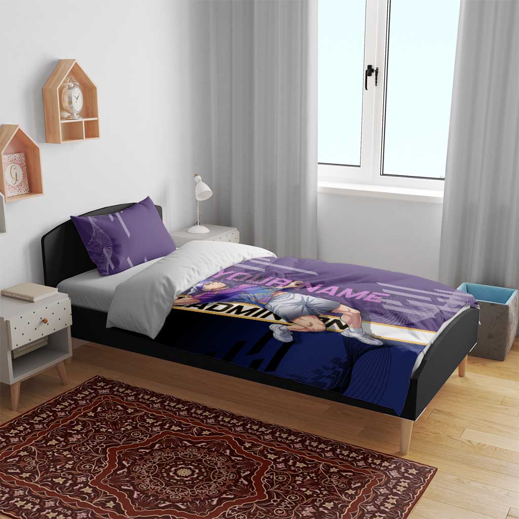 Personalized Tengen Uzui Demon Slayer Badminton Bedding Set with Racket Action Pose and Purple Black Graphic Design - The Mazicc