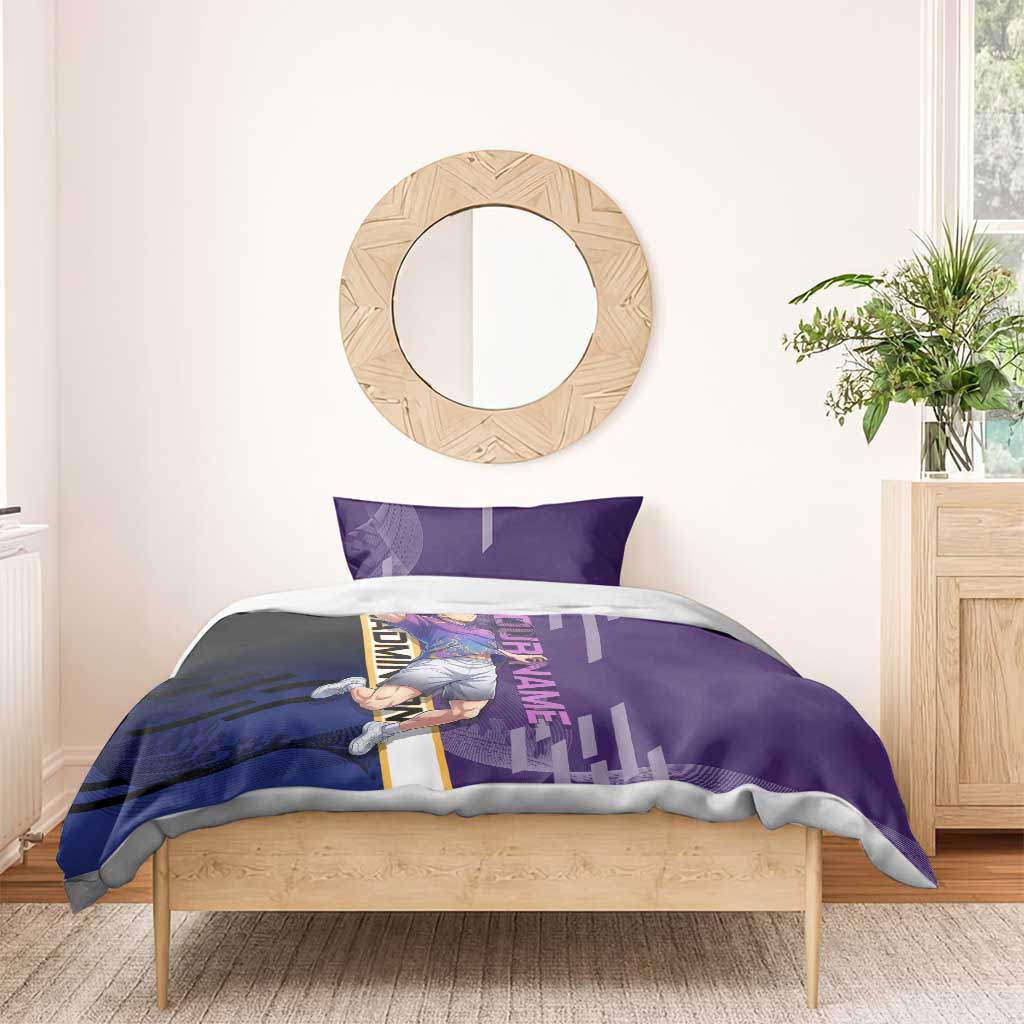 Personalized Tengen Uzui Demon Slayer Badminton Bedding Set with Racket Action Pose and Purple Black Graphic Design - The Mazicc