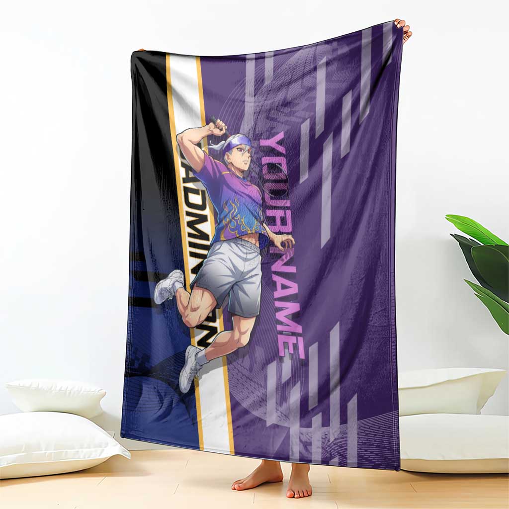Personalized Tengen Uzui Demon Slayer Badminton Blanket with Racket Action Pose and Purple Black Graphic Design - The Mazicc