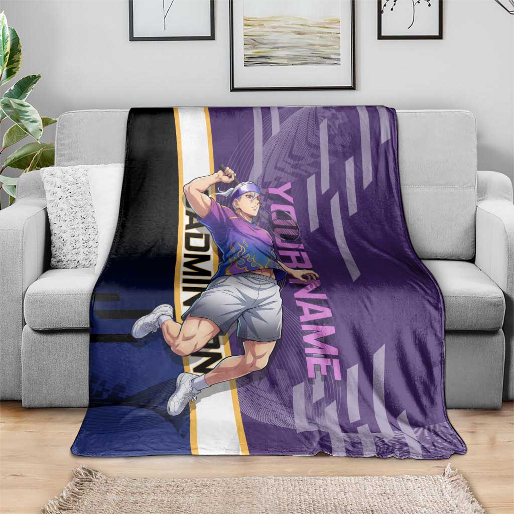 Personalized Tengen Uzui Demon Slayer Badminton Blanket with Racket Action Pose and Purple Black Graphic Design - The Mazicc