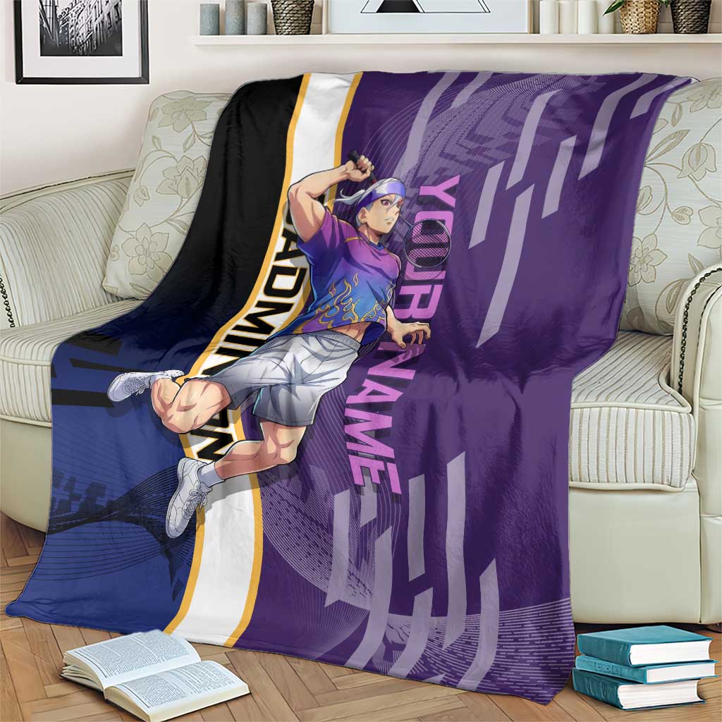Personalized Tengen Uzui Demon Slayer Badminton Blanket with Racket Action Pose and Purple Black Graphic Design - The Mazicc