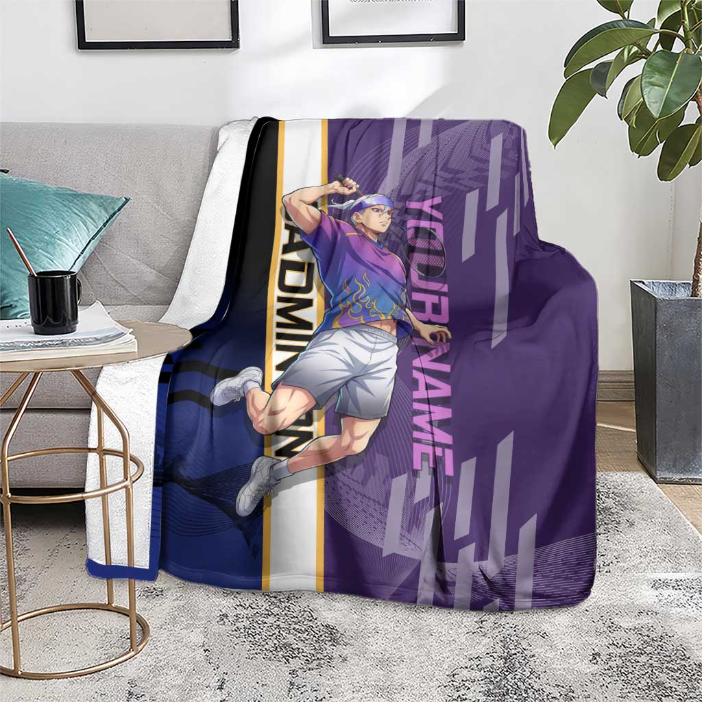 Personalized Tengen Uzui Demon Slayer Badminton Blanket with Racket Action Pose and Purple Black Graphic Design - The Mazicc