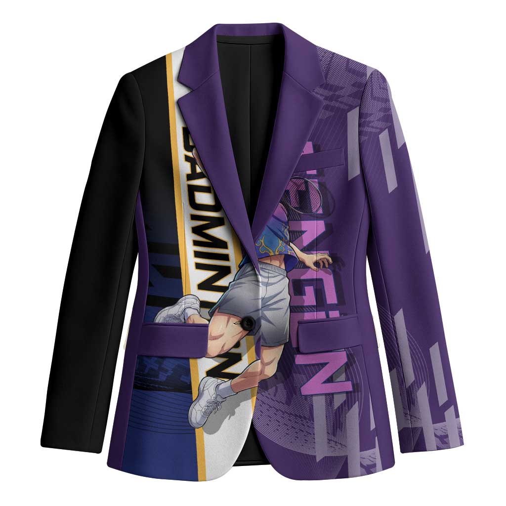 Personalized Tengen Uzui Demon Slayer Badminton Blazer with Racket Action Pose and Purple Black Graphic Design - The Mazicc
