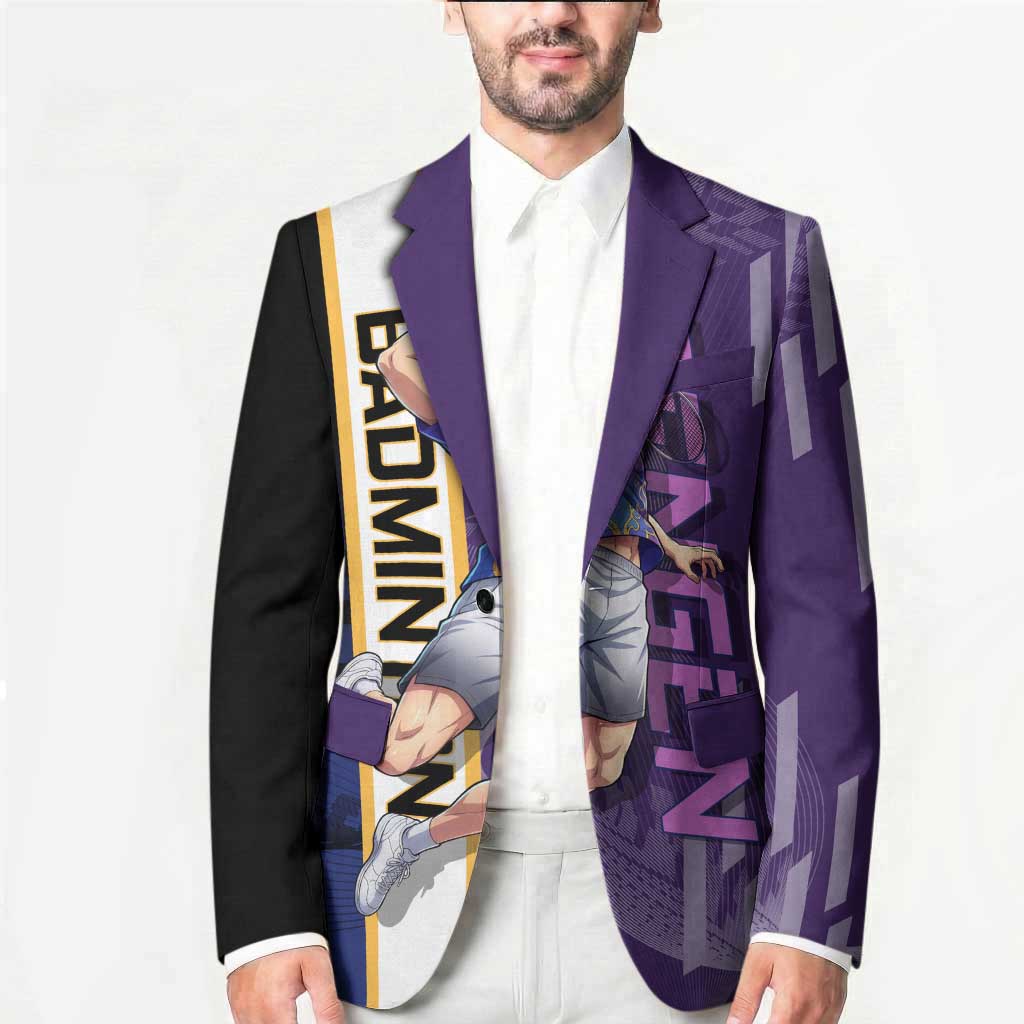 Personalized Tengen Uzui Demon Slayer Badminton Blazer with Racket Action Pose and Purple Black Graphic Design - The Mazicc