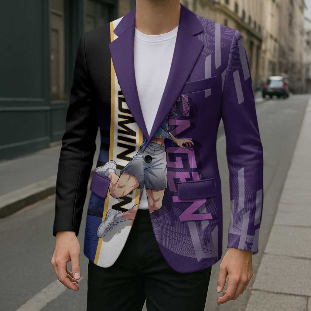 Personalized Tengen Uzui Demon Slayer Badminton Blazer with Racket Action Pose and Purple Black Graphic Design - The Mazicc