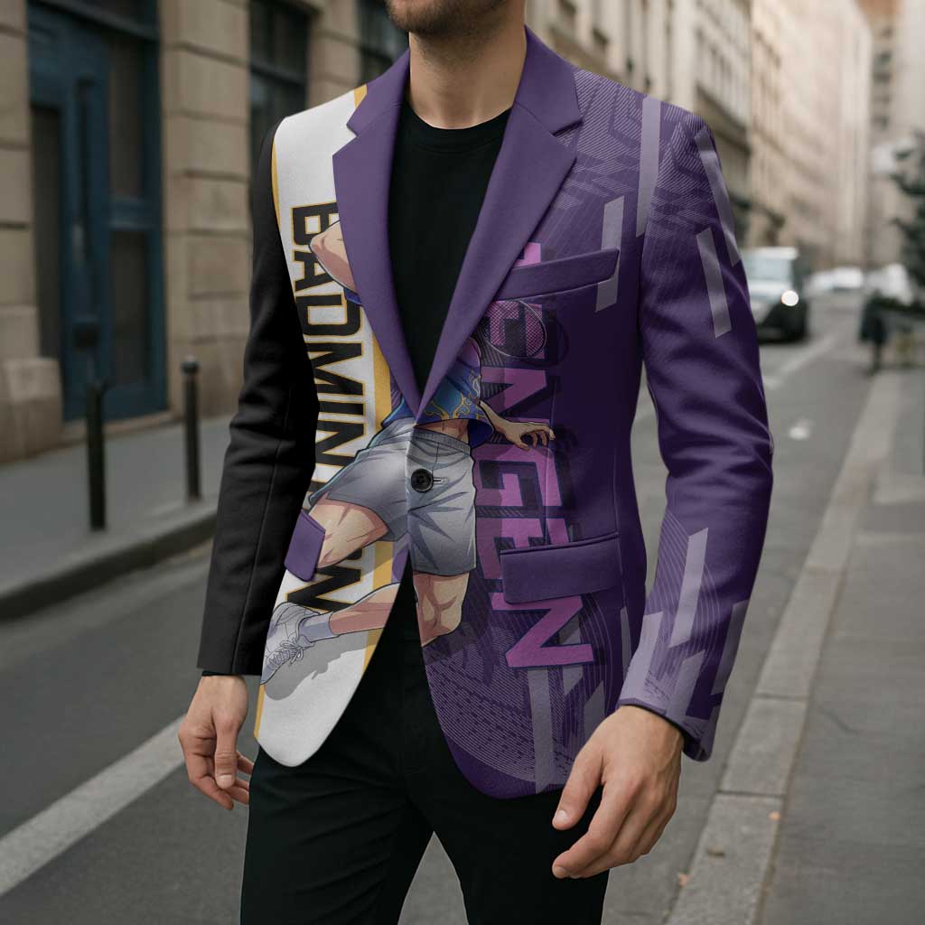 Personalized Tengen Uzui Demon Slayer Badminton Blazer with Racket Action Pose and Purple Black Graphic Design - The Mazicc