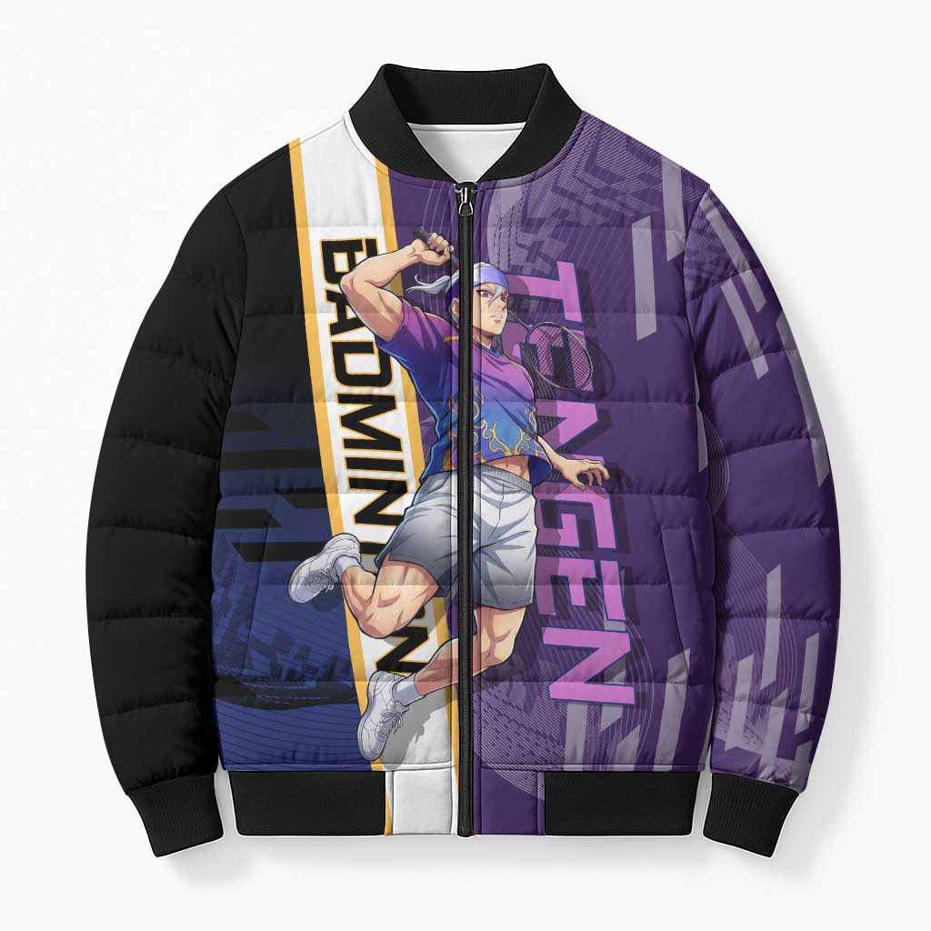 Personalized Tengen Uzui Demon Slayer Badminton Bomber Puffer Jacket with Racket Action Pose and Purple Black Graphic Design - The Mazicc