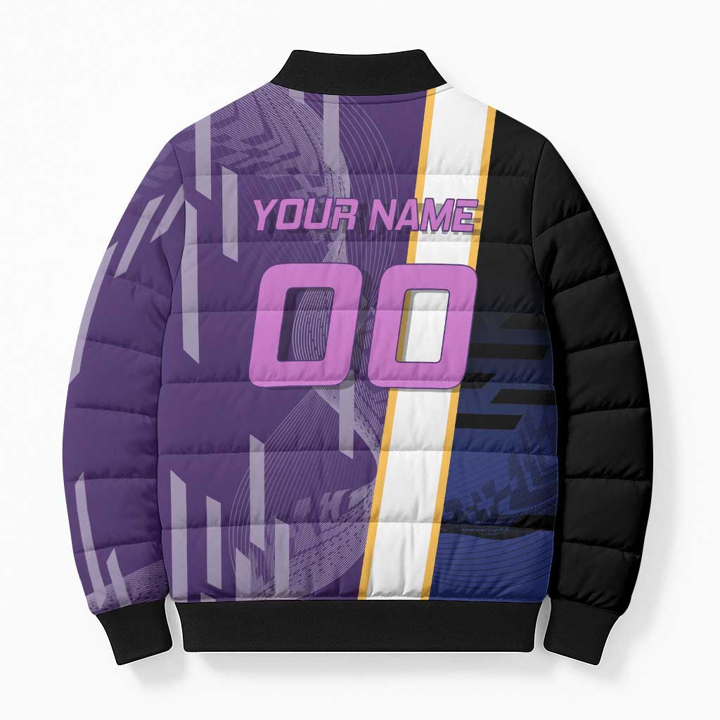 Personalized Tengen Uzui Demon Slayer Badminton Bomber Puffer Jacket with Racket Action Pose and Purple Black Graphic Design - The Mazicc