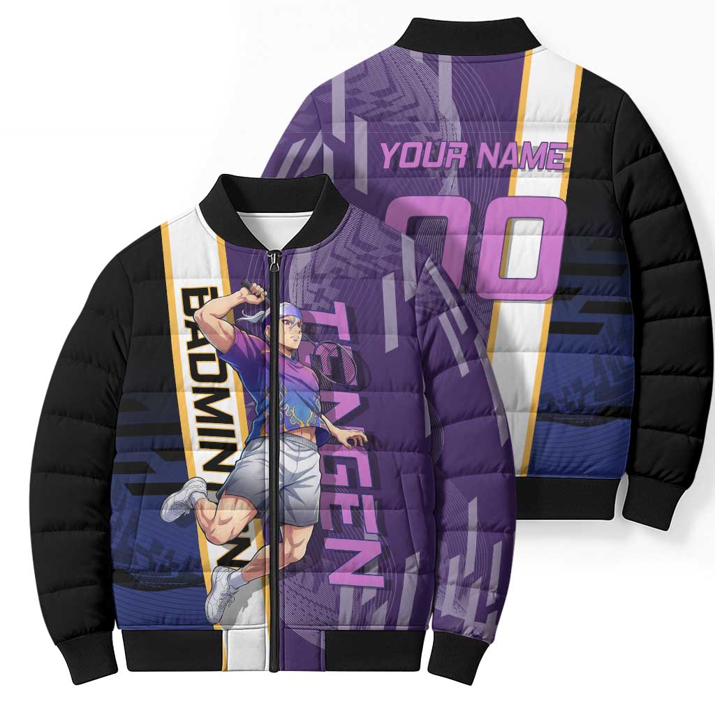 Personalized Tengen Uzui Demon Slayer Badminton Bomber Puffer Jacket with Racket Action Pose and Purple Black Graphic Design - The Mazicc