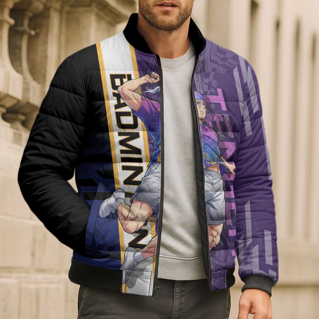 Personalized Tengen Uzui Demon Slayer Badminton Bomber Puffer Jacket with Racket Action Pose and Purple Black Graphic Design - The Mazicc