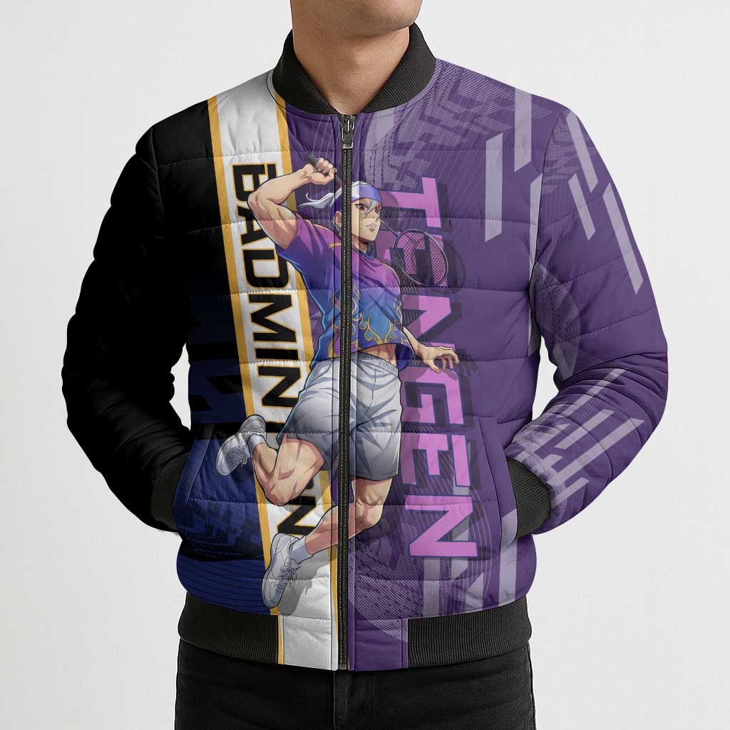 Personalized Tengen Uzui Demon Slayer Badminton Bomber Puffer Jacket with Racket Action Pose and Purple Black Graphic Design - The Mazicc