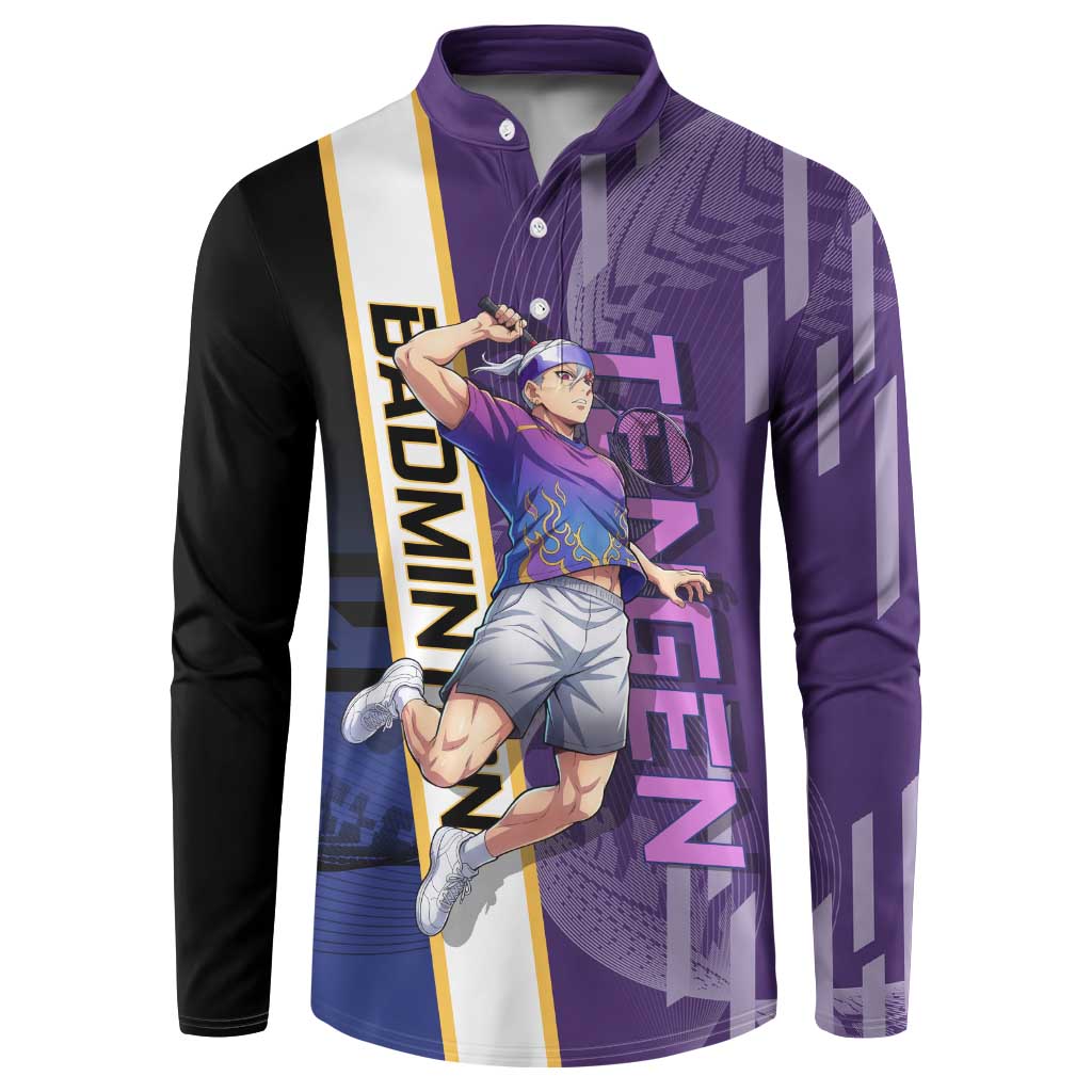Personalized Tengen Uzui Demon Slayer Badminton Button Sweatshirt with Racket Action Pose and Purple Black Graphic Design - The Mazicc