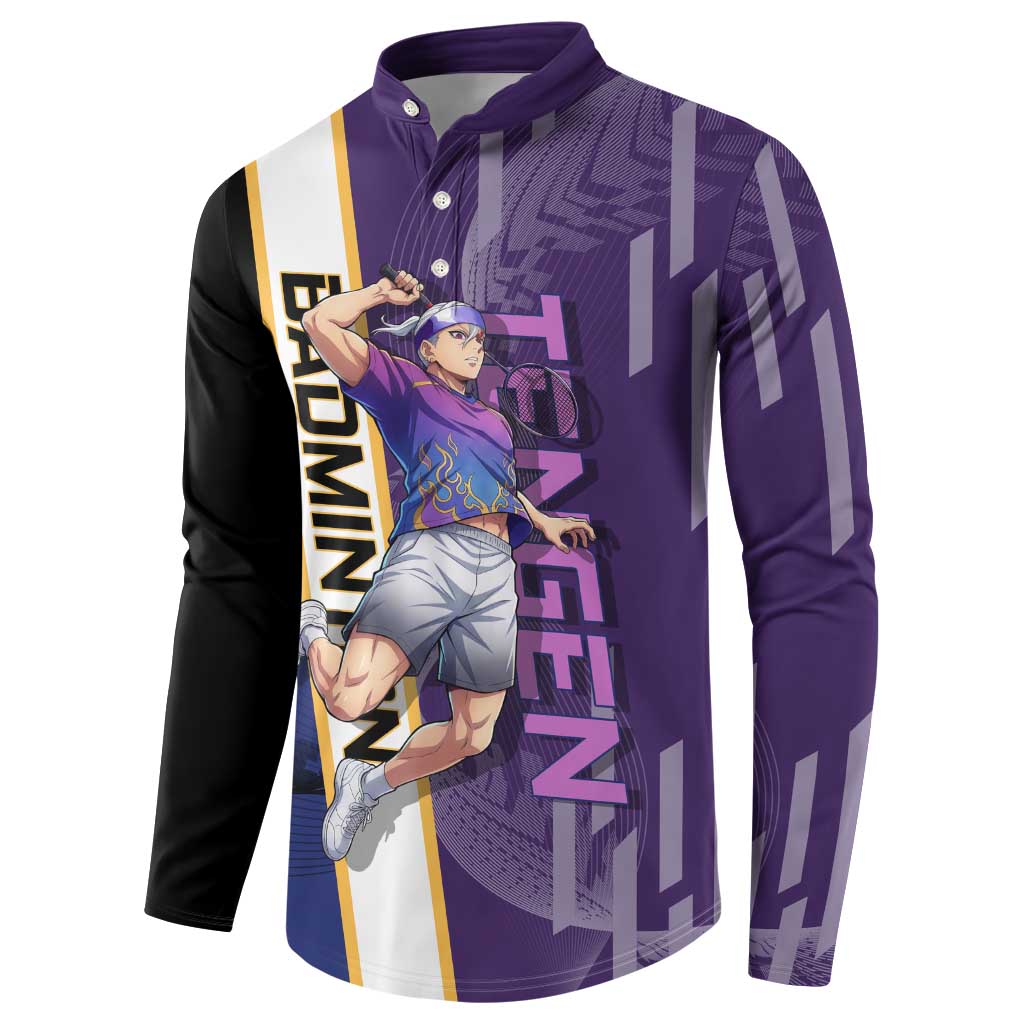 Personalized Tengen Uzui Demon Slayer Badminton Button Sweatshirt with Racket Action Pose and Purple Black Graphic Design - The Mazicc