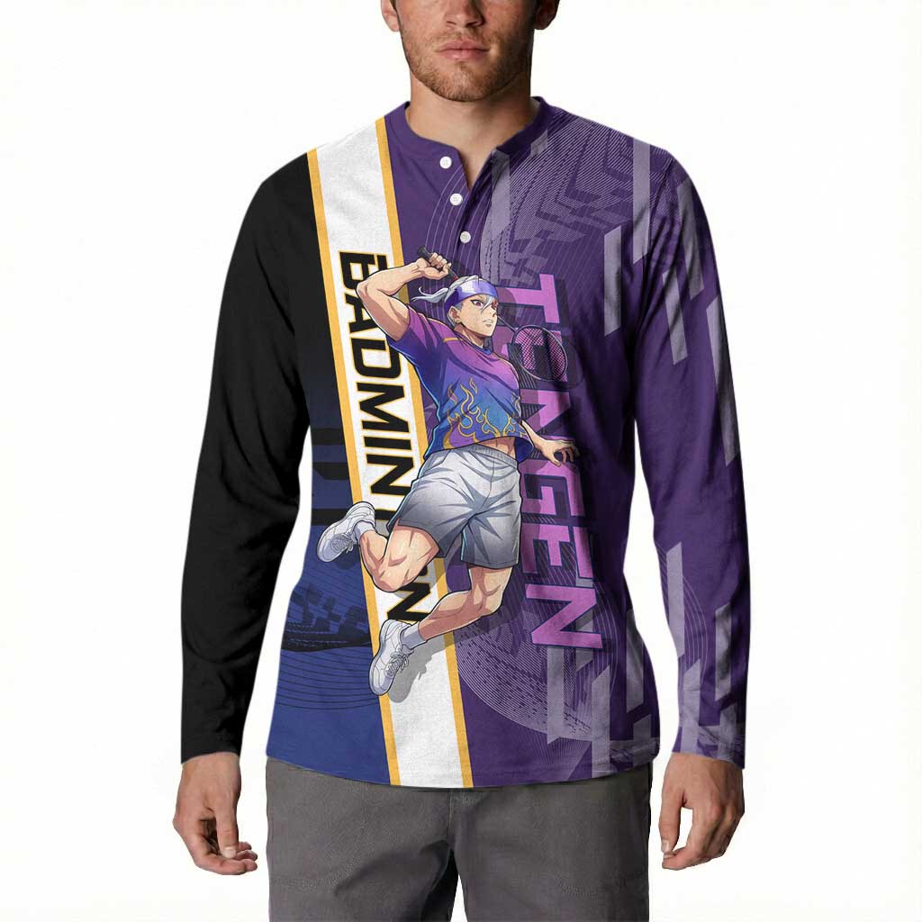 Personalized Tengen Uzui Demon Slayer Badminton Button Sweatshirt with Racket Action Pose and Purple Black Graphic Design - The Mazicc