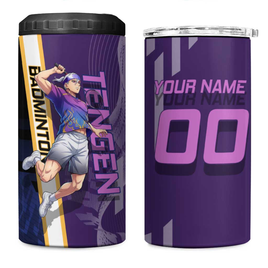 Personalized Tengen Uzui Demon Slayer Badminton 4 in 1 Can Cooler Tumbler with Racket Action Pose and Purple Black Graphic Design - The Mazicc