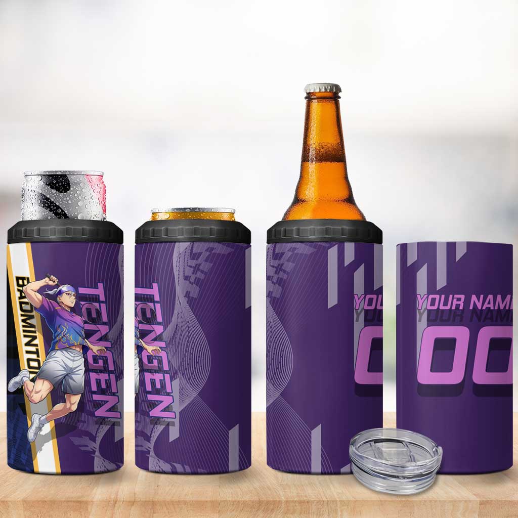 Personalized Tengen Uzui Demon Slayer Badminton 4 in 1 Can Cooler Tumbler with Racket Action Pose and Purple Black Graphic Design - The Mazicc