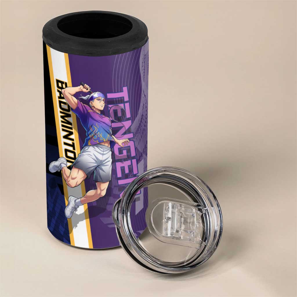 Personalized Tengen Uzui Demon Slayer Badminton 4 in 1 Can Cooler Tumbler with Racket Action Pose and Purple Black Graphic Design - The Mazicc