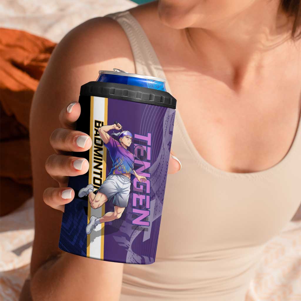 Personalized Tengen Uzui Demon Slayer Badminton 4 in 1 Can Cooler Tumbler with Racket Action Pose and Purple Black Graphic Design - The Mazicc