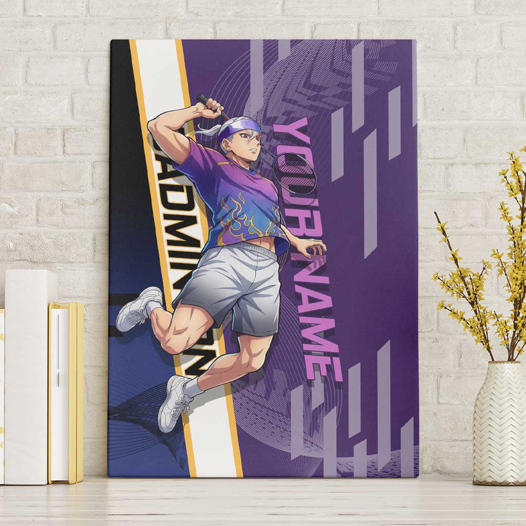 Personalized Tengen Uzui Demon Slayer Badminton Canvas Wall Art with Racket Action Pose and Purple Black Graphic Design - The Mazicc