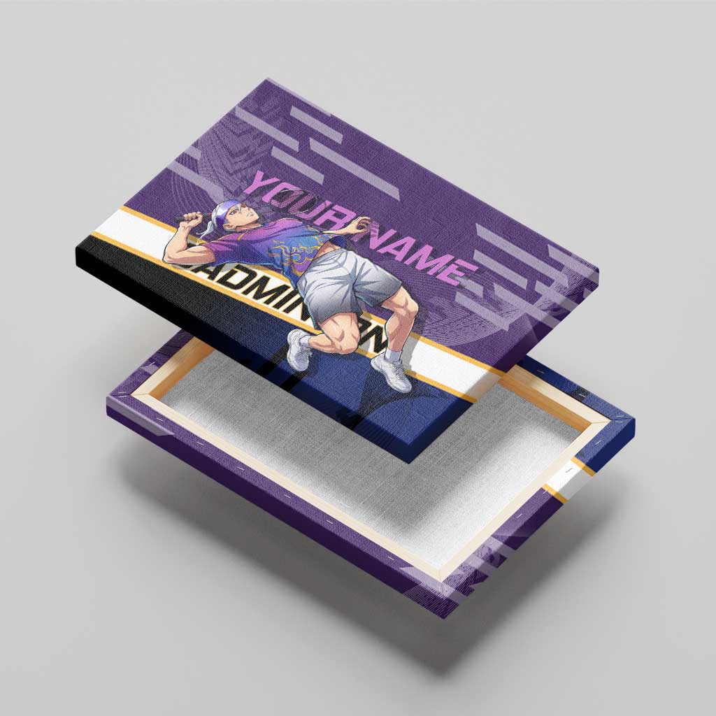 Personalized Tengen Uzui Demon Slayer Badminton Canvas Wall Art with Racket Action Pose and Purple Black Graphic Design - The Mazicc