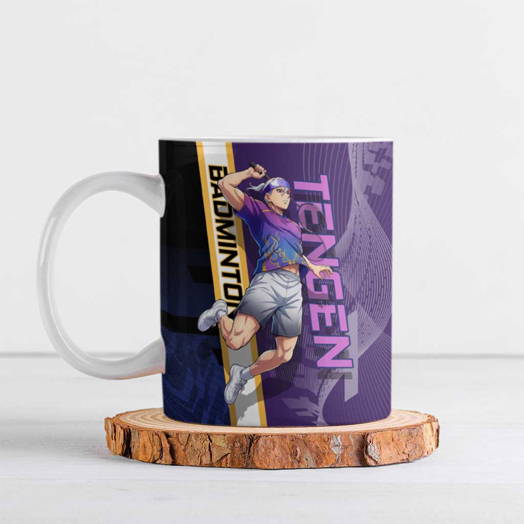 Personalized Tengen Uzui Demon Slayer Badminton Ceramic Mug with Racket Action Pose and Purple Black Graphic Design - The Mazicc