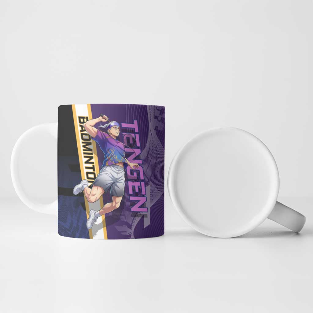 Personalized Tengen Uzui Demon Slayer Badminton Ceramic Mug with Racket Action Pose and Purple Black Graphic Design - The Mazicc