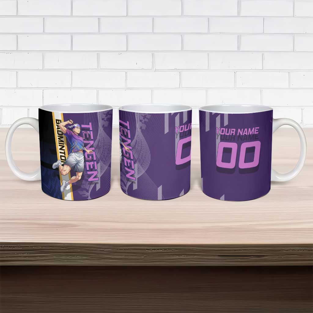 Personalized Tengen Uzui Demon Slayer Badminton Ceramic Mug with Racket Action Pose and Purple Black Graphic Design - The Mazicc