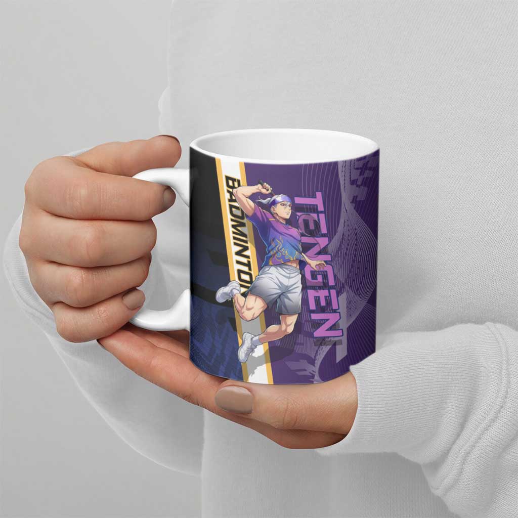 Personalized Tengen Uzui Demon Slayer Badminton Ceramic Mug with Racket Action Pose and Purple Black Graphic Design - The Mazicc