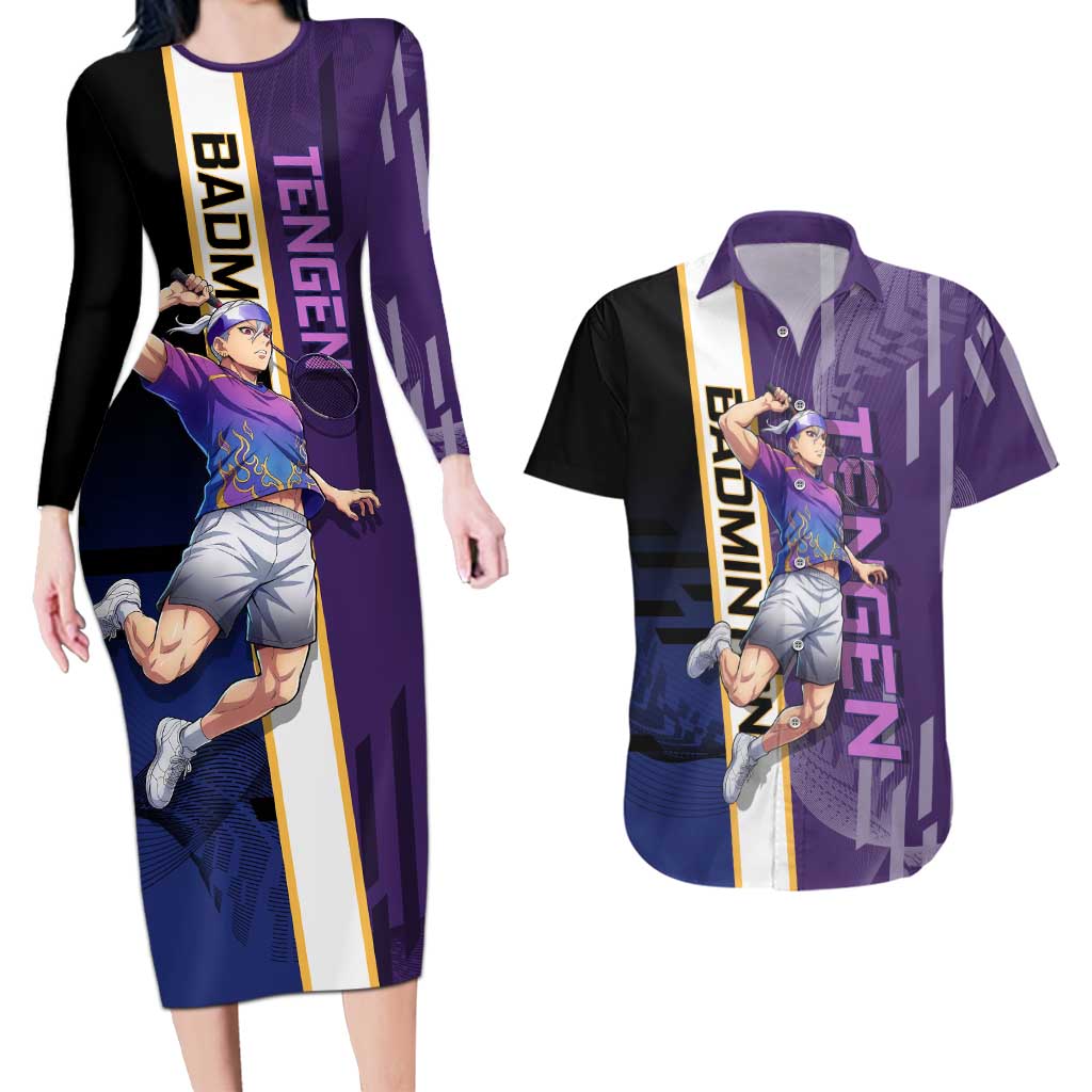 Personalized Tengen Uzui Demon Slayer Badminton Couples Matching Long Sleeve Bodycon Dress and Hawaiian Shirt with Racket Action Pose and Purple Black Graphic Design - The Mazicc
