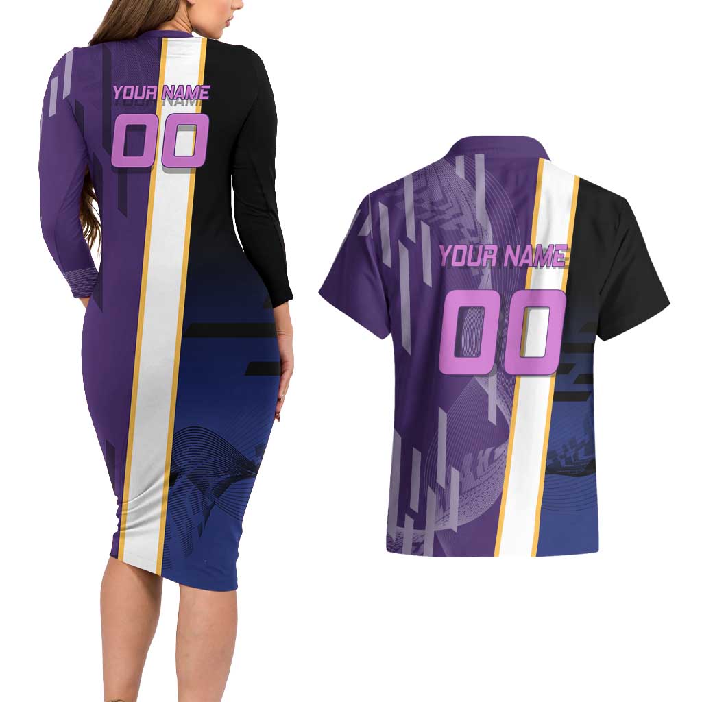 Personalized Tengen Uzui Demon Slayer Badminton Couples Matching Long Sleeve Bodycon Dress and Hawaiian Shirt with Racket Action Pose and Purple Black Graphic Design - The Mazicc